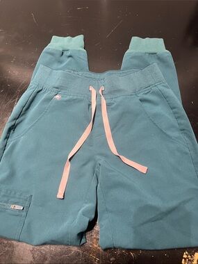 Figs Teal Track Joggers with Pink Drawstring